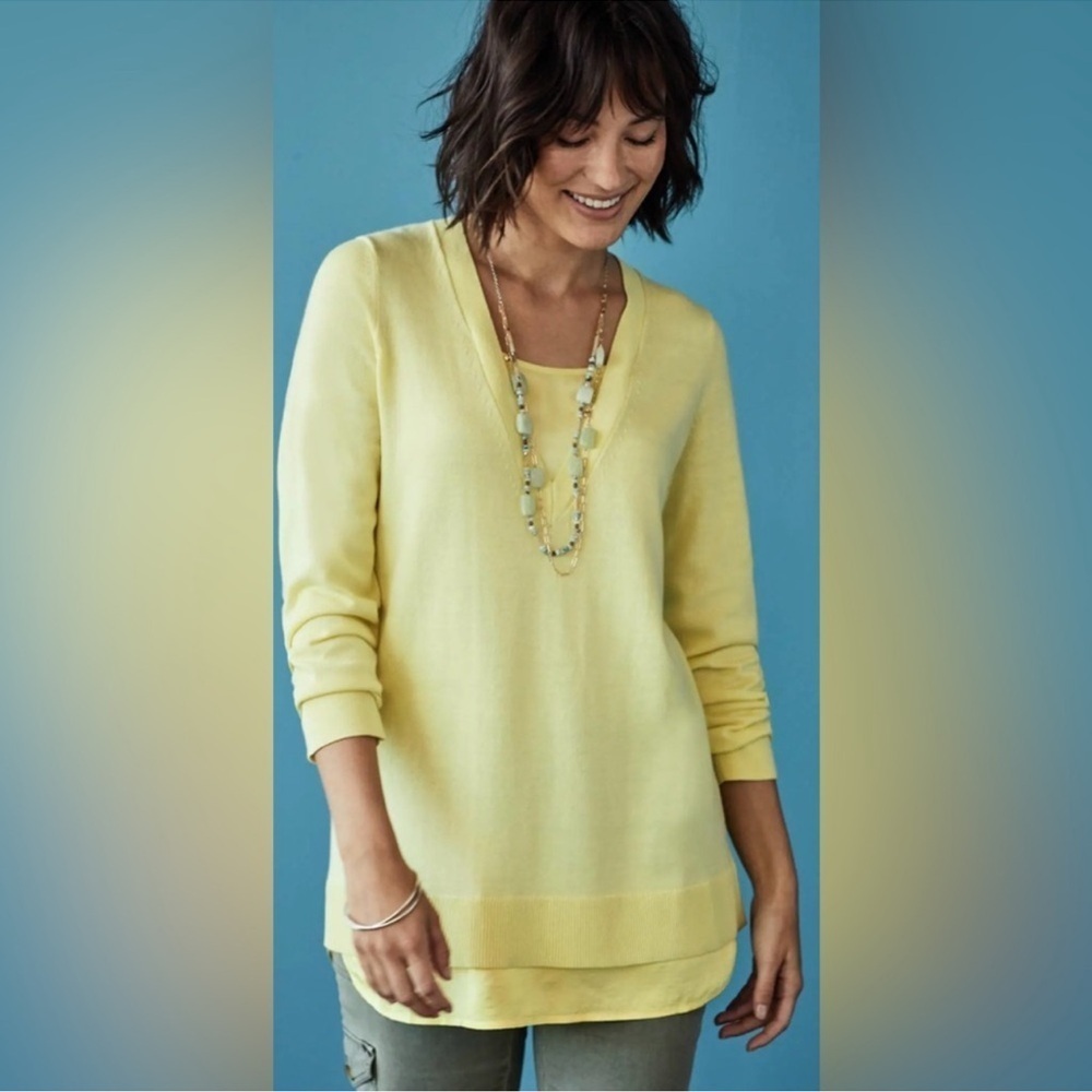 New J Jill Sweater Large Buttercup Yellow Mixed Media Layered V Neck Long Sleeve